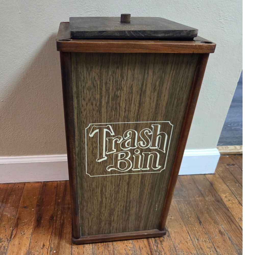 Vintage 70s Wooden Trash Bin Compost Bin Lid MCM
